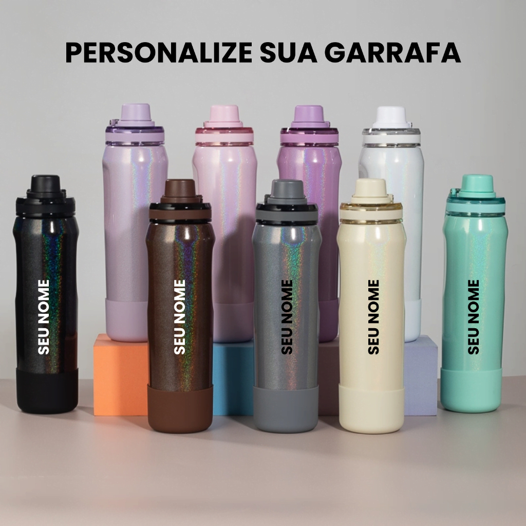 Garrafa Térmica 650ml Aço Inox Holográfico Personalizada Academia Esporte Bebida Gelada Quente Alça em Oferta na Shopee