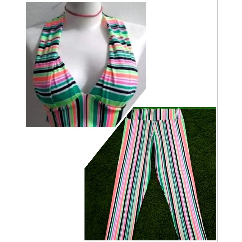 Calça Legging feminina + Blusa Top Cropped com Bojo Fitness listra. (Conjunto)