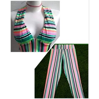CONJUNTO LOOK: Calça Legging feminina + Blusa Top Cropped com Bojo Fitness listra. (Conjunto)
