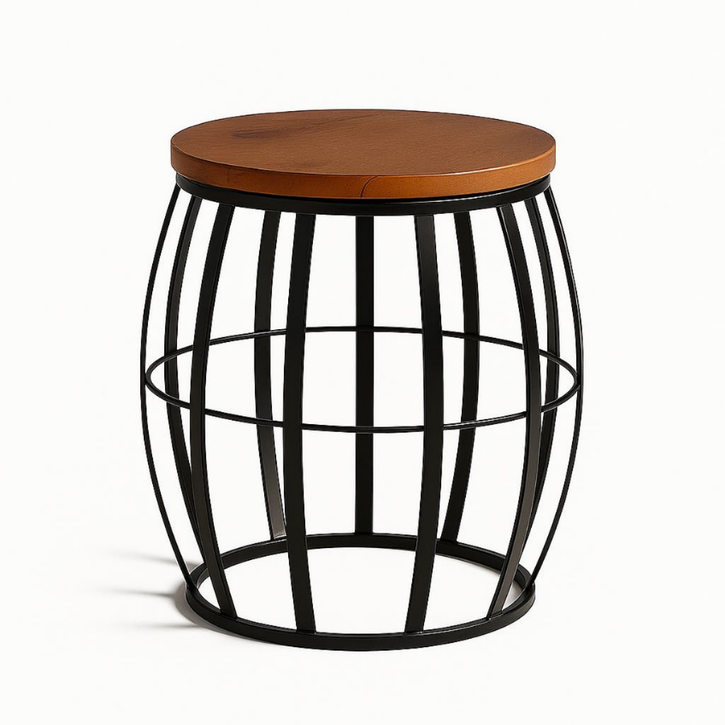 Mesa de Centro Barril Seat garden Decoração Sala Luxo Elegante Preto Tampo madeira