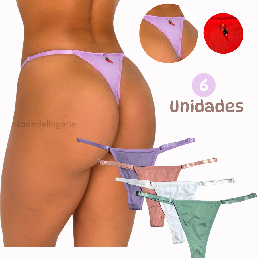 Kit 6 Calcinha Fio Dental Pimentinha Perfeitas com regulagem e Forro Duplo em Algodão