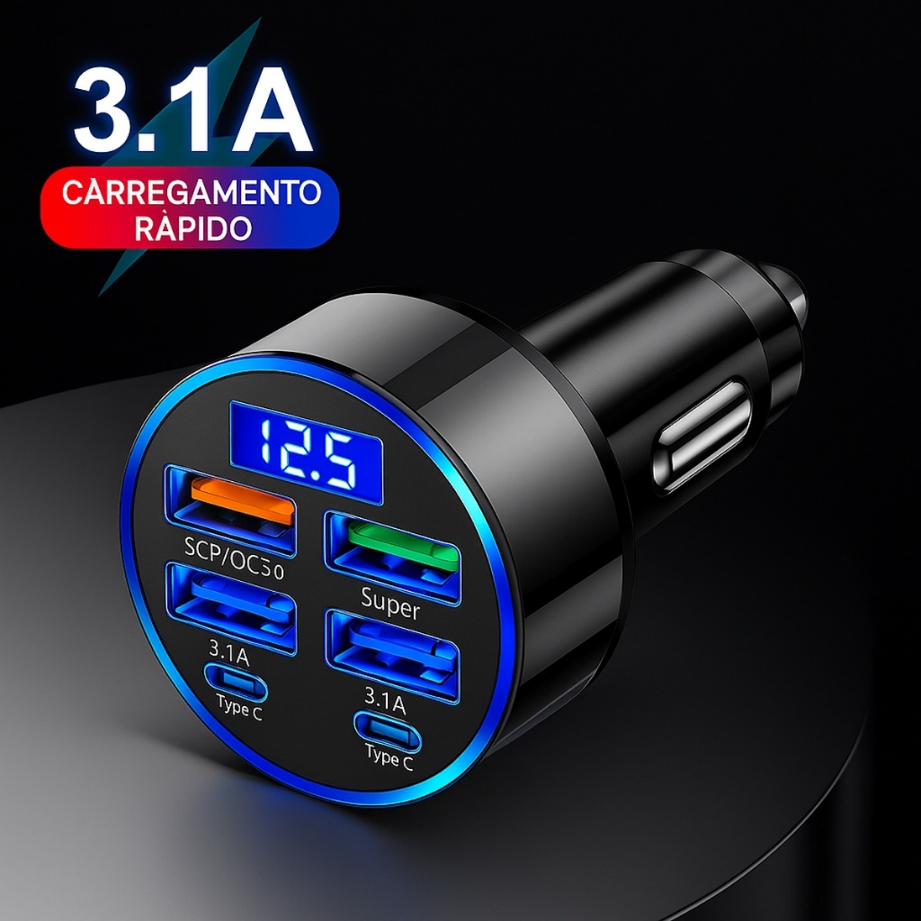 Carregador de Carro Turbo 6 Portas USB + Tipo C Turbo Rápido Display Voltagem Universal Veicular