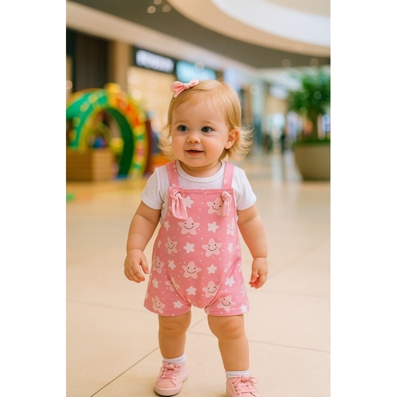 👶✨ Jardineira Bebê Menina Curta com Body ou Camiseta 2 Peças – Cotton Premium Marisol com Elastano Estampada (P, M, G)