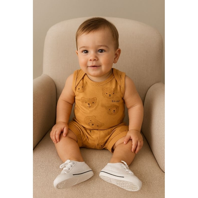👶☀️ Conjunto Body Regatinha + Shortinho Cotton Premium Marisol com Elastano – Roupa Bebê Estampada Confortável (P, M, G)