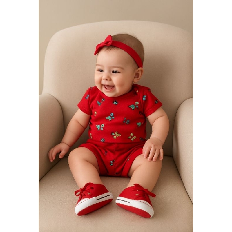 ☀️Conjunto Body Manga Curta + Shortinho Cotton Premium Marisol com Elastano – Roupa Bebê Estampada Confortável (P, M, G)