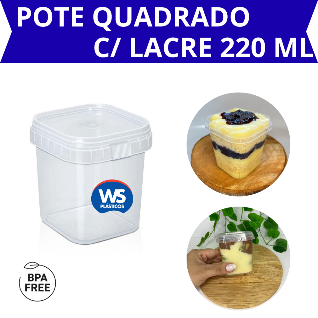 POTE QUADRADO 220 ML COM LACRE PARA BOLO DE POTE WS PLASTICO 50/100/200 UNIDADES em Oferta na Shopee