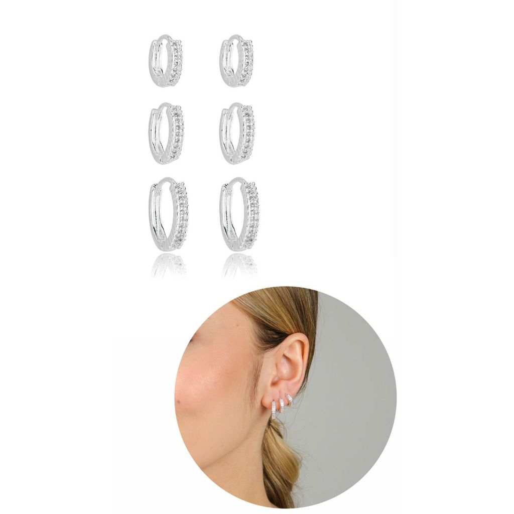 Trio brinco de argola redondo zirconia prata 925 em Oferta na Shopee