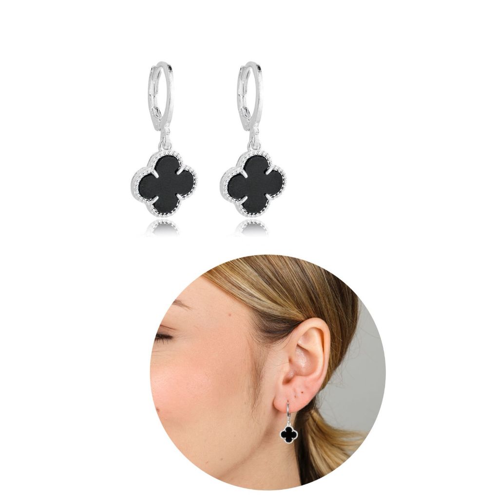 Brinco trevo virginia preto prata 925, argola joia em Oferta na Shopee