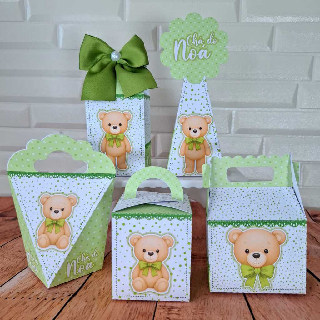 KIT CHÁ REVELAÇÃO MENINO URSINHO VERDE/KIT PERSONALIZADOS CHÁ DE BEBÊ URSINHO VERDE CAIXINHAS PERSONALIZADAS CHÁ DE BEBÊ