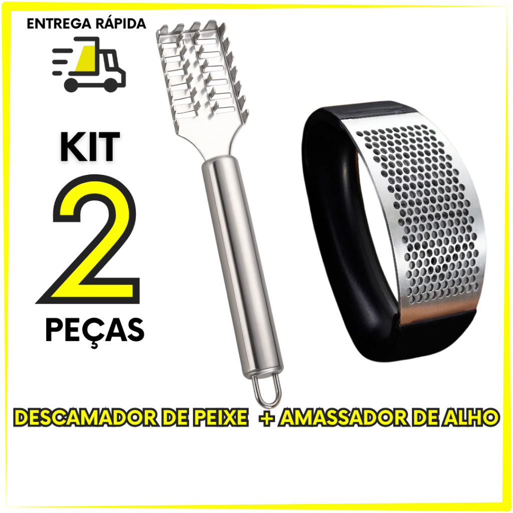 Kit 2 Utensílios de Cozinha Descamador de Peixe Amassador de Alho Inox Escamador Peixe Profissional