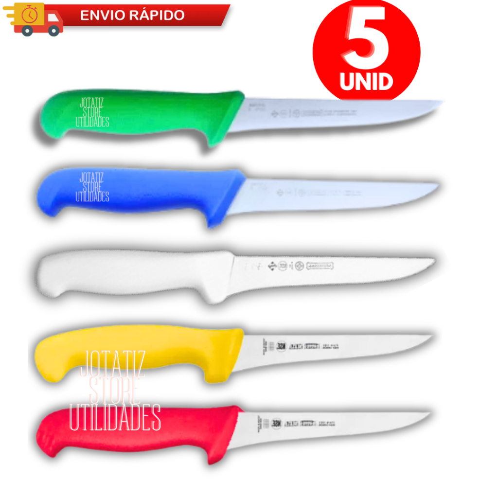 Conjunto 5 Faca De Desossar Profissional Premium 6" Branca Amarela Vermelha Azul Verde Para Desossa Açougue Frigorífico