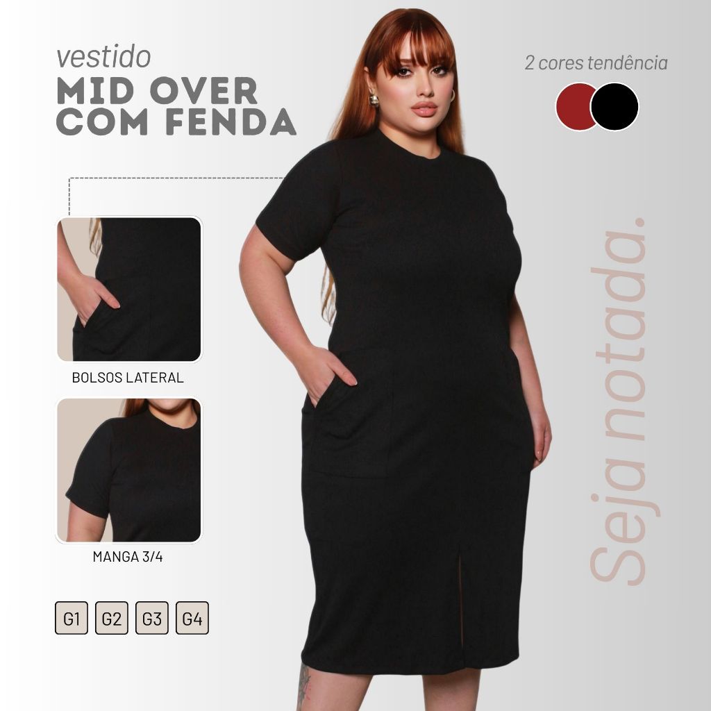 Vestido Feminino Plus Size Com Fenda Manga Gola Confortável Midi Tecido Macio Elegante Casual Tendência