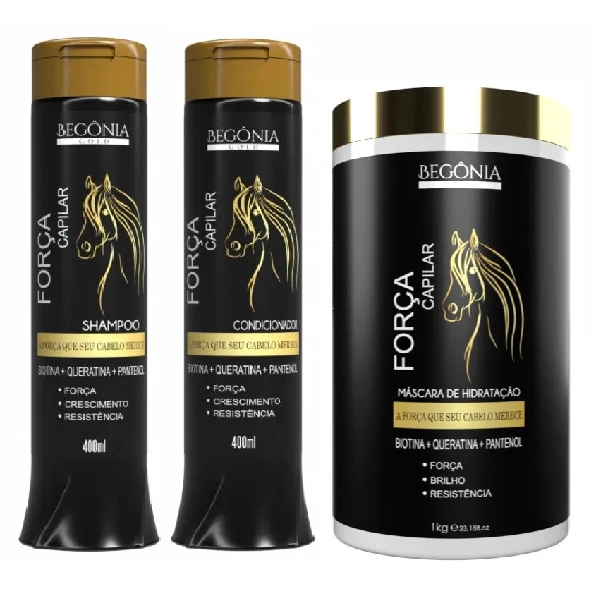 KIT FORÇA CAPILAR Cabelo Mais Forte BIOTINA, QUERATINA E PANTENOL  - Cavalo (3 Itens) - Begônia Gold em Oferta na Shopee