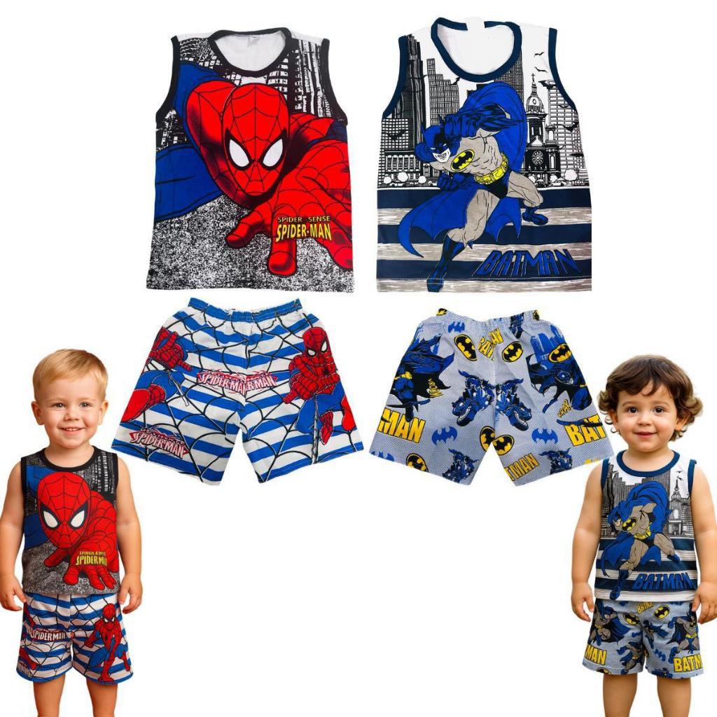 Kit 2 ou 1 conjunto personagem Homem Aranha + Batman menino - Regata + Short com elástico verão conforto masculino