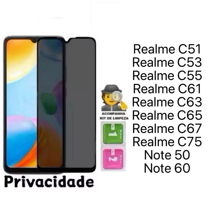 Película de vidro 3D Privacidade Anti Spy Para Realme C51 C53 C55 C61 C63 C65 C67 C75 Note 50 60 em Oferta na Shopee