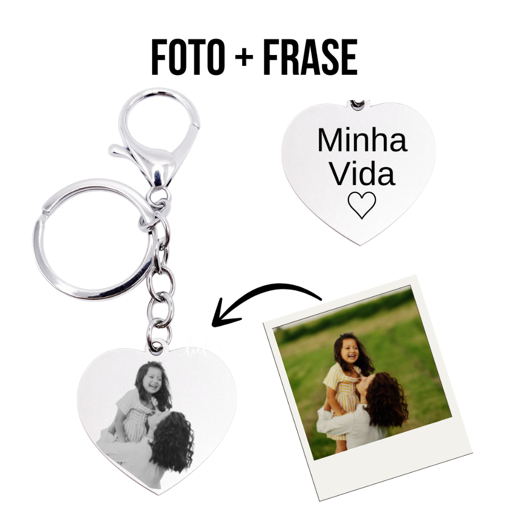 Chaveiro Personalizado Foto Gravação A Laser + Frase Coração Prata Aço Inoxidável Presente Lembrança