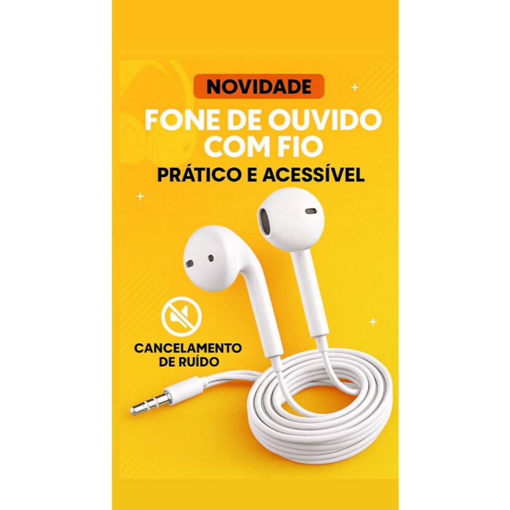Fone de ouvido branco, com fio, com cancelamento de ruído, celular, smartphone, notebook, computador, tablet
