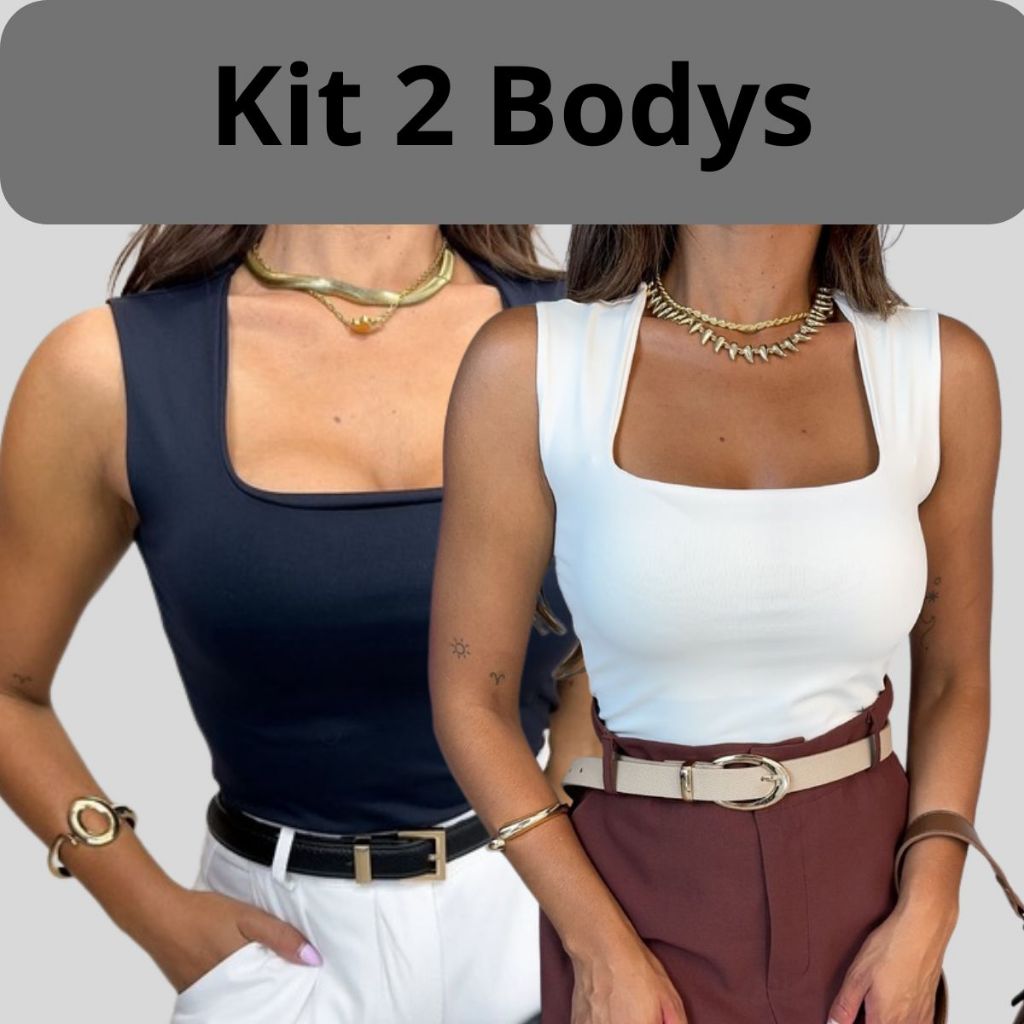Kit 2 Body Feminino Decote Quadrado Alças Grossas Casual Elegante Bori Suplex Basico Curve Plus Size P006