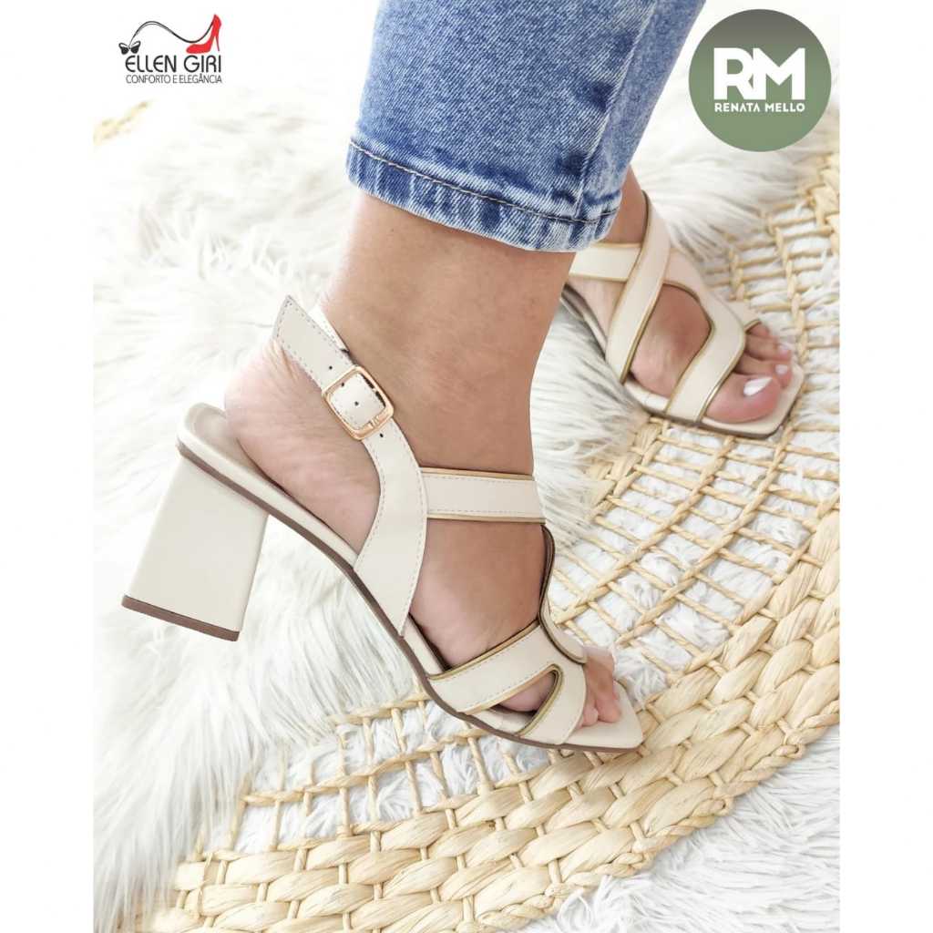 Sandália Renata Mello Elegante Exclusiva Salto Quadrado Geométrico 7,5 cm em Oferta na Shopee