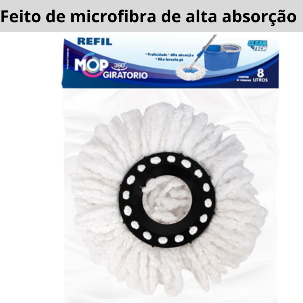 Detalhes do Refil Mop Redondo Gira Centrifuga Econômico Plástico Esfregão Microfibra 8 Litros Kit 2 Refis