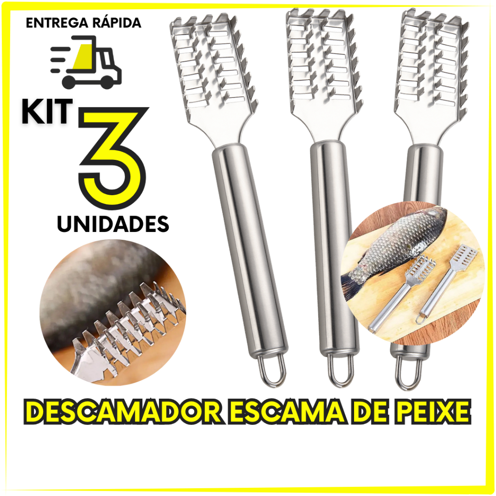 Kit 3 Unidades Descamador de Peixe Inox Removedor de Escamas Escamador Profissional Manual Premium