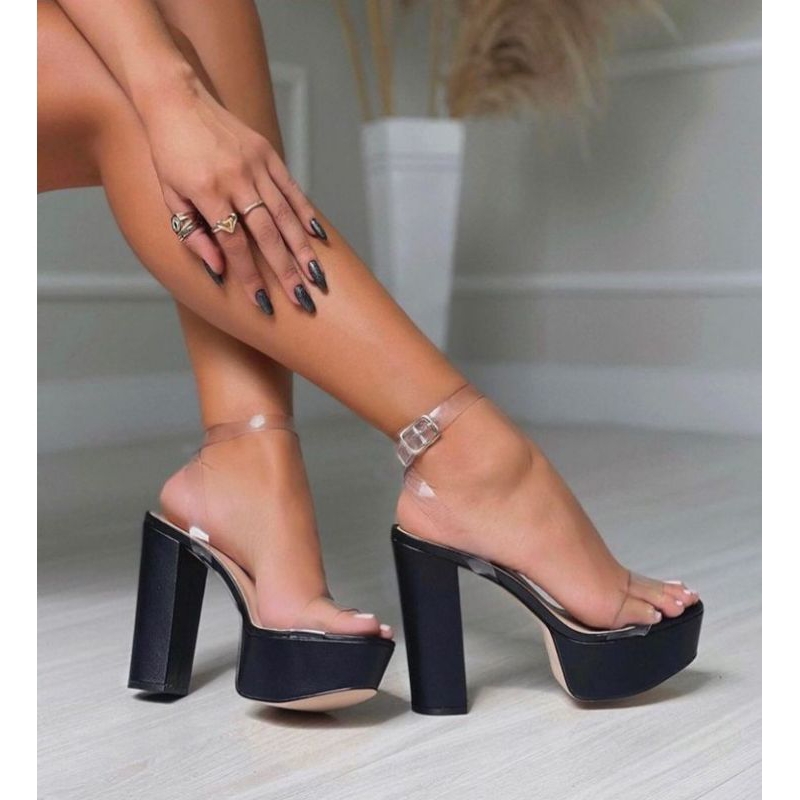 Sandália Feminina Transparente Salto Grosso confortável em Oferta na Shopee