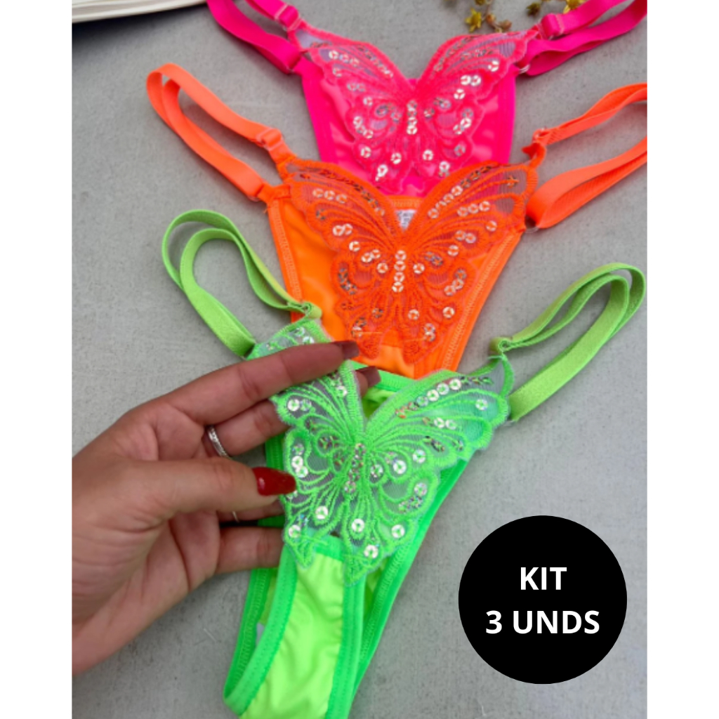 Kit 3 Calcinha Borboleta Fio Dental Sexy Neon Verão Sensual Conforto com Regulagem em Oferta na Shopee