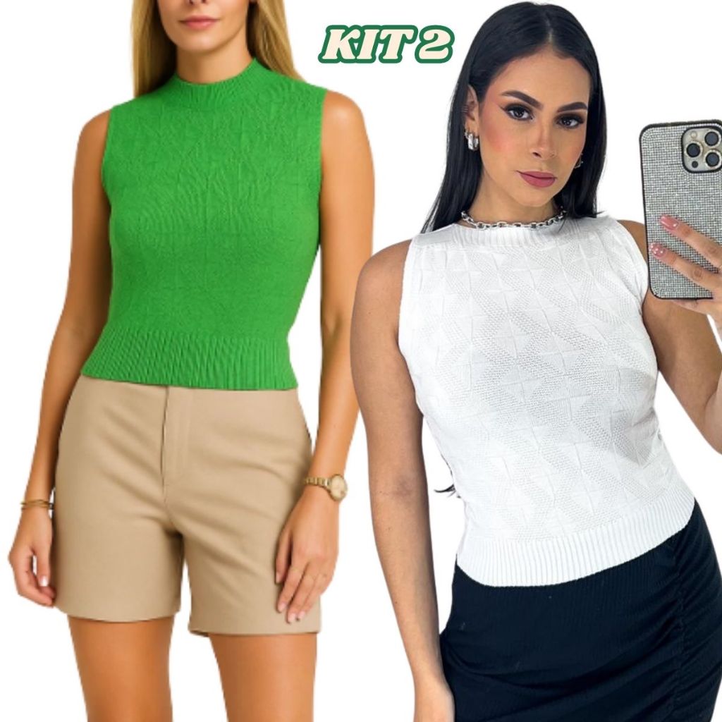 Kit Blusa Tricô Cropped Bella Aloganda Regatinha Feminina Modal Sofisticado Tendência Blogger Casual
