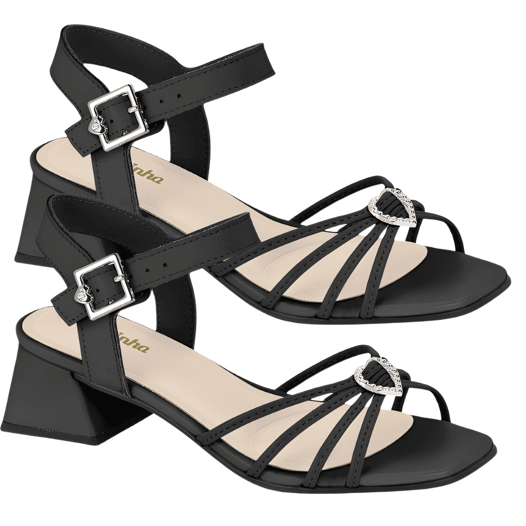 Sandália Infantil Molekinha Salto Preto Detalhe Coração Em Metal