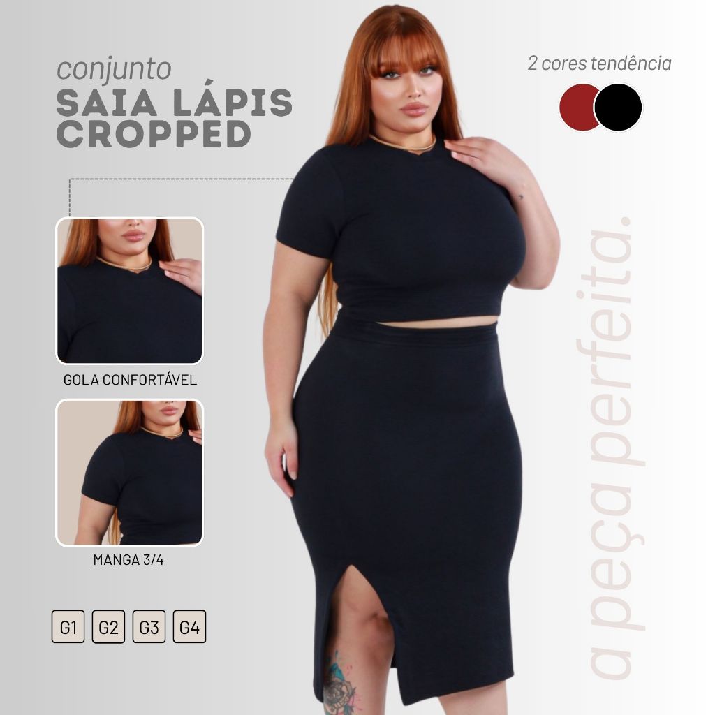 Conjunto Feminino Saia Plus Size Com Fenda Lateral Cropped Manga Curta até 54 em Oferta na Shopee