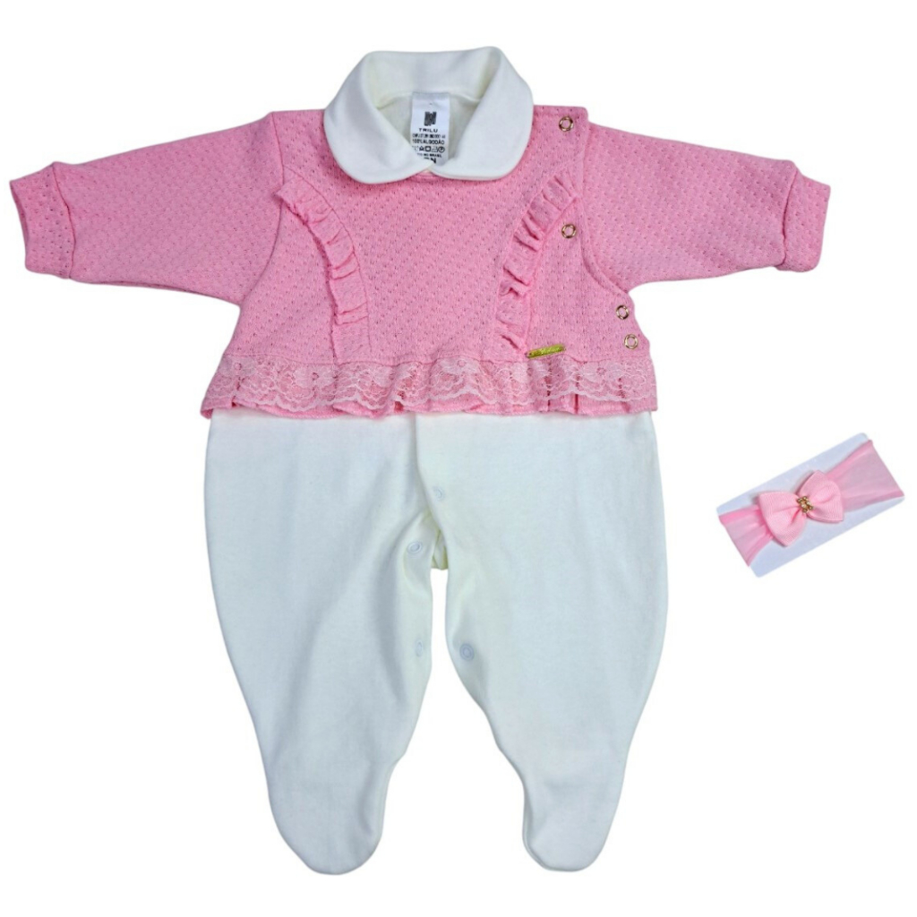 Macacão Bebê Menina Suedine Rosa Princesa Com Tiara