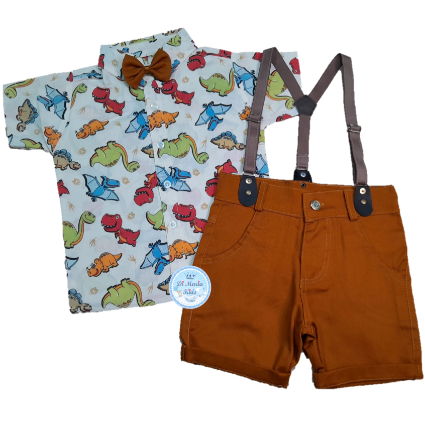 Conjunto Dinossauros Temático Camisa Tricoline Short Suspensório Roupa bb menino infantil Personagem