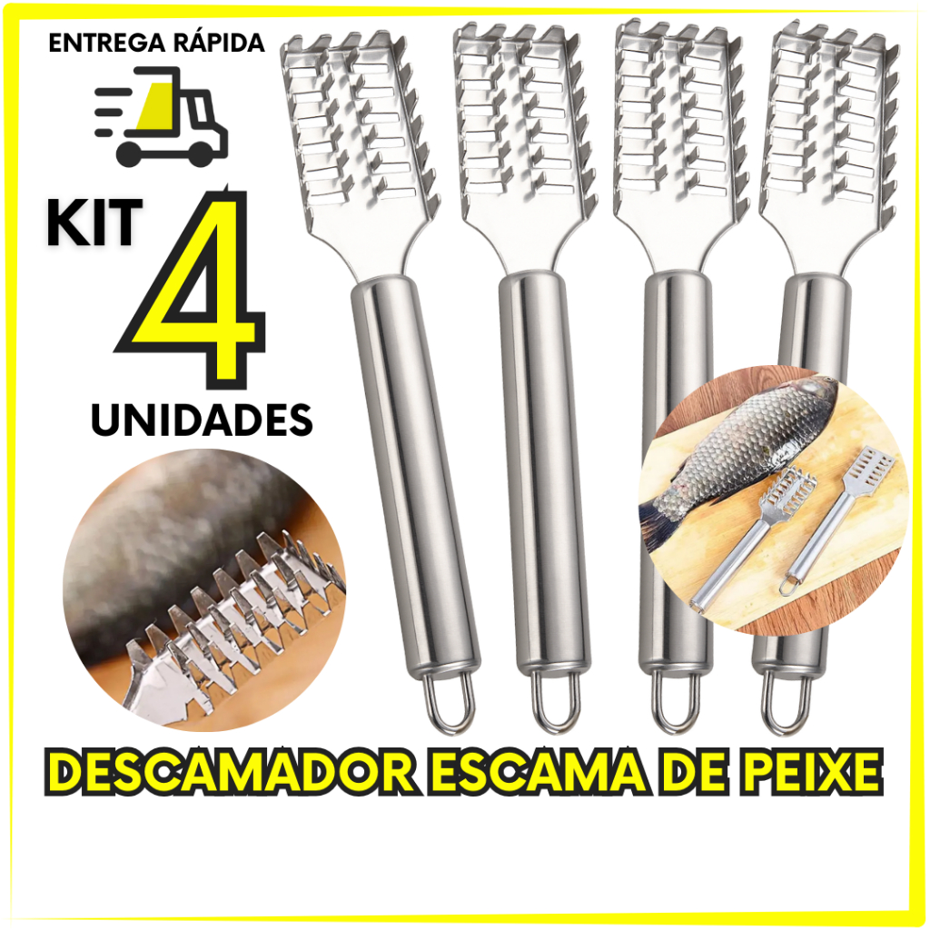 Kit 4 Descamadores de Peixe Inox Removedor de Escamas Profissional Escamador Cozinha Churrasco Pesca