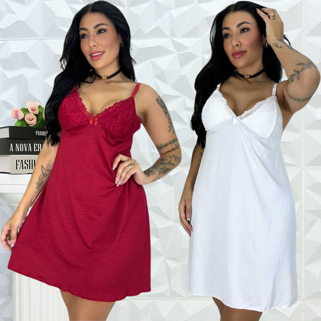Camisola sem Bojo Feminina Renda Lingerie Pijama Noite Soltinha Moda Adulta Confortavel