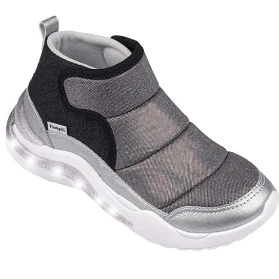 Tênis Infantil Pampili NFT SPK 35 Cano Médio de Led Prata com Preto