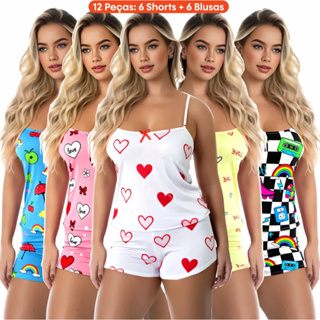 Kit 12 Peças Pijama Feminino Baby Doll Short Doll Estampado Sem Bojo Roupa Dormir 6 Shorts+ 6 Blusas em Oferta na Shopee