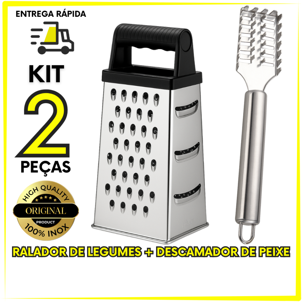 Kit 2 Utensílios Cozinha Descamador Peixe Ralador 4 Faces De Legumes Escamador Em Inox Resistentes