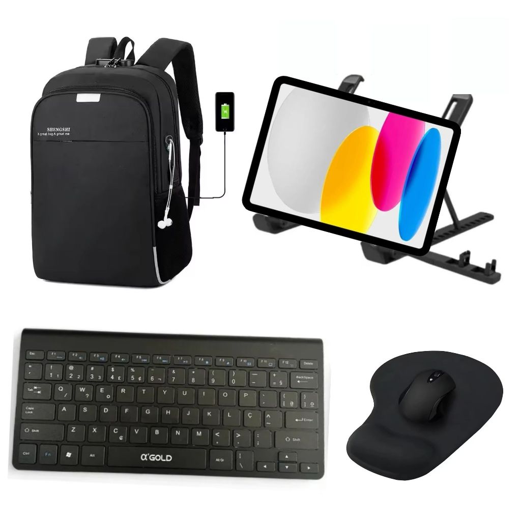 KIT Notebook ou Tablet | MOCHILA com SENHA + Teclado e Mouse Bluetooth + Suporte + iPad Pro Air A16