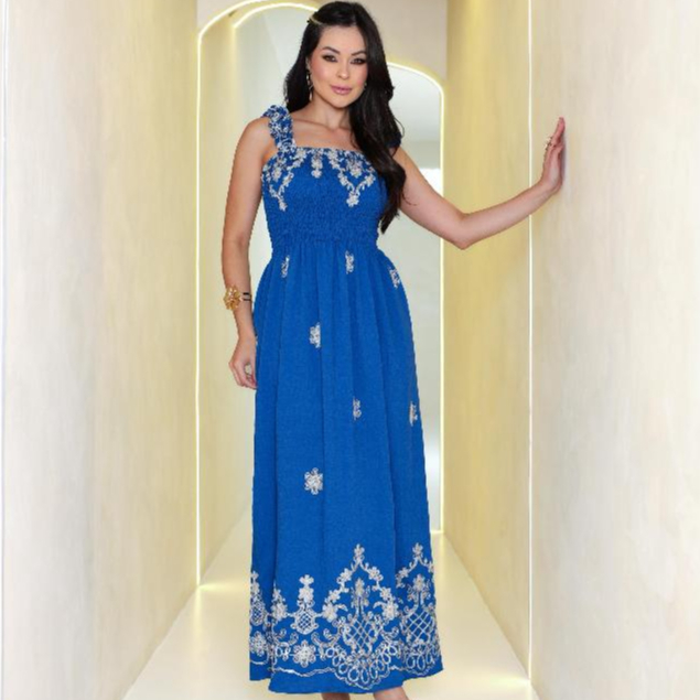 Vestido Longo Azul em Tecido  Viscomida Bordada com Lastex  Frente e Costas e Alça Babado Elegância em Oferta na Shopee