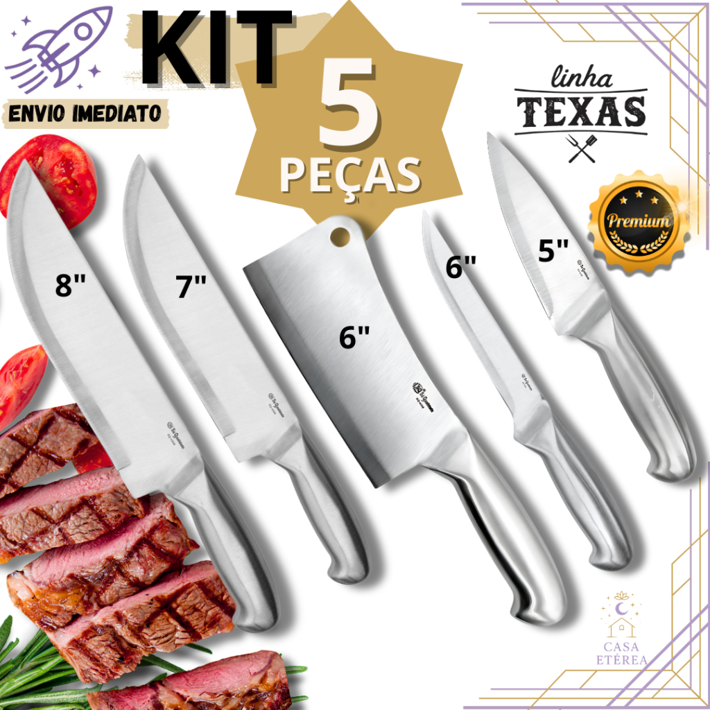 Imagem Kit 5 Facas Inox Inteiriça Profissional 8” Peixeira 5”e 7” Cutelo 6” Desossa 6” Açougue Restaurante Churrasco Peixaria