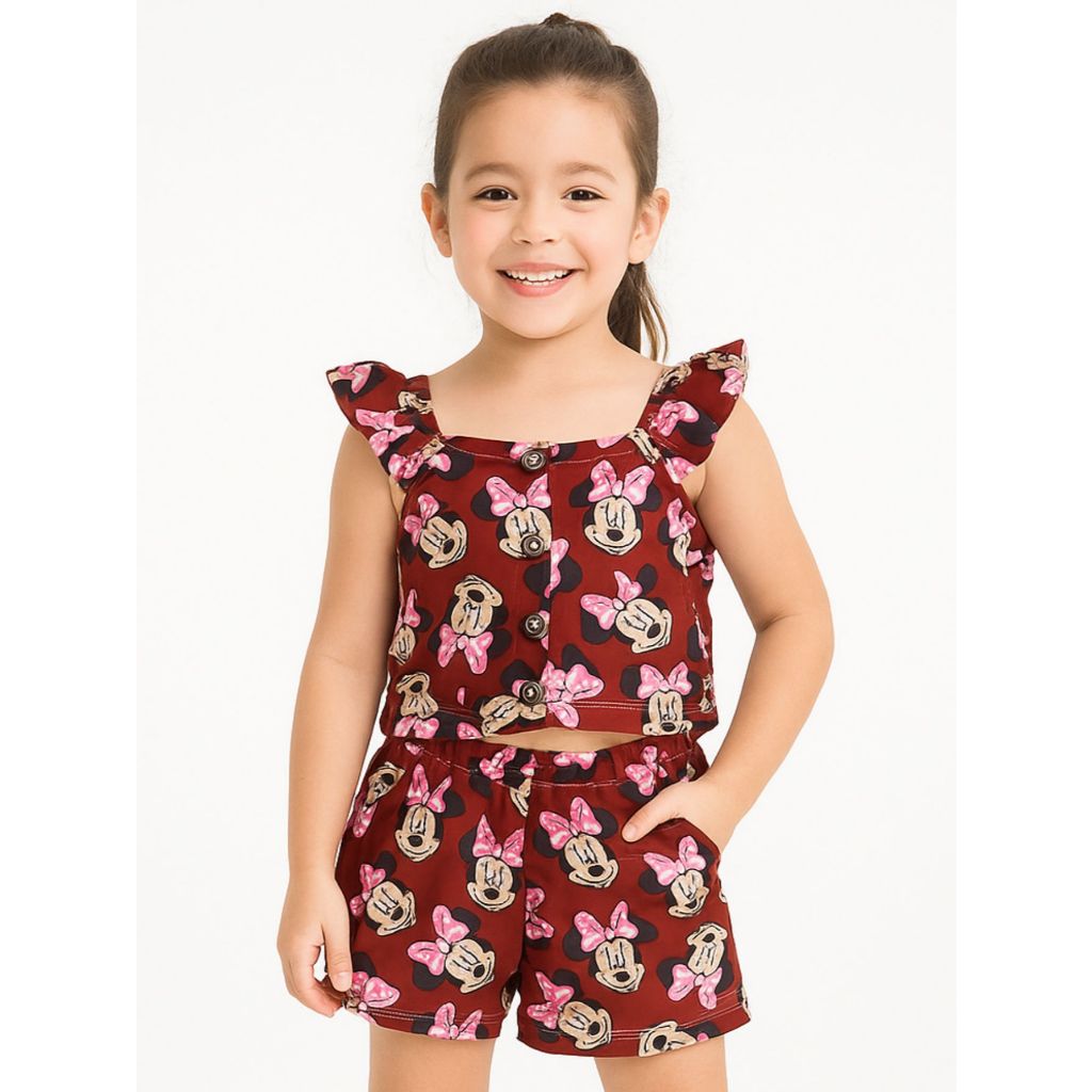 Conjunto Infantil Minnie Estampas Variadas Short Blusinha Babado Feminino 2 a 6 anos