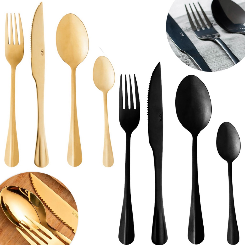 Jogo De Talheres Faqueiro Mesa 24 Peças Garfo Faca Colher Aço Inox Positano Dourado Preto Luxo Lyor em Oferta na Shopee