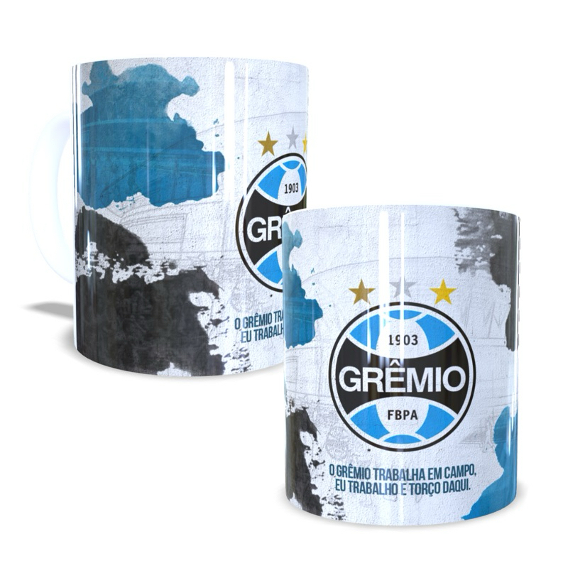 Caneca personalizada Grêmio - o Grêmio trabalha em campo e eu trabalho e torço daqui