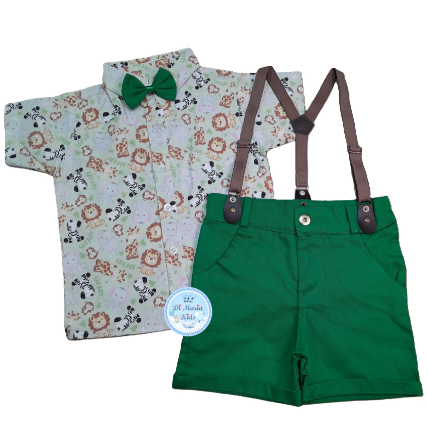 Conjunto Safari Baby Temático Camisa Tricoline Short Suspensório Roupa bb menino infantil Personagem