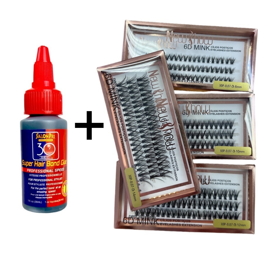 Conjunto de Super Cola 30ml Salon Pro + Caixa Com Cílios postiços 6D MINK NEW SHOW - Tufos Sem nó