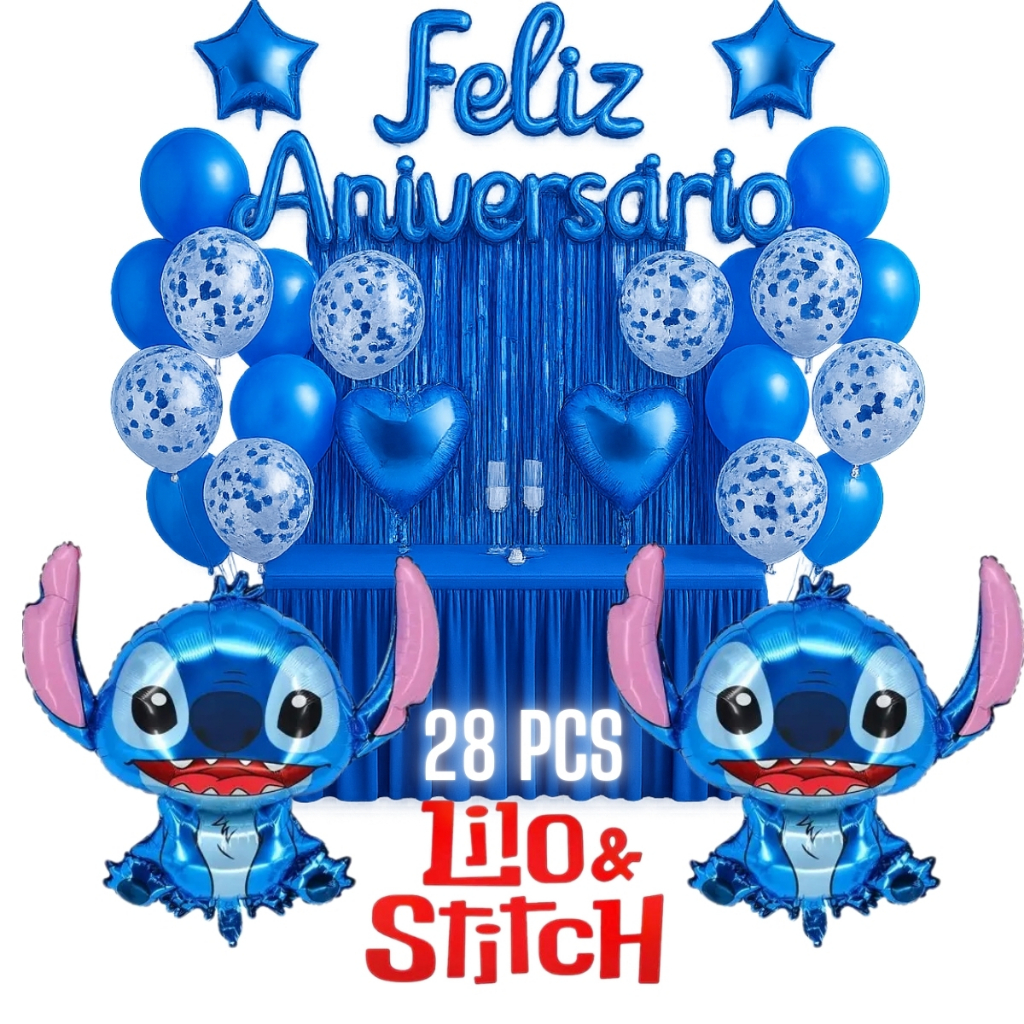 Kit 28 Pcs Balão Lilo Stitch Feliz Aniversario Cortina Bexiga Festa Decoração Enfeite Happy Birthday em Oferta na Shopee