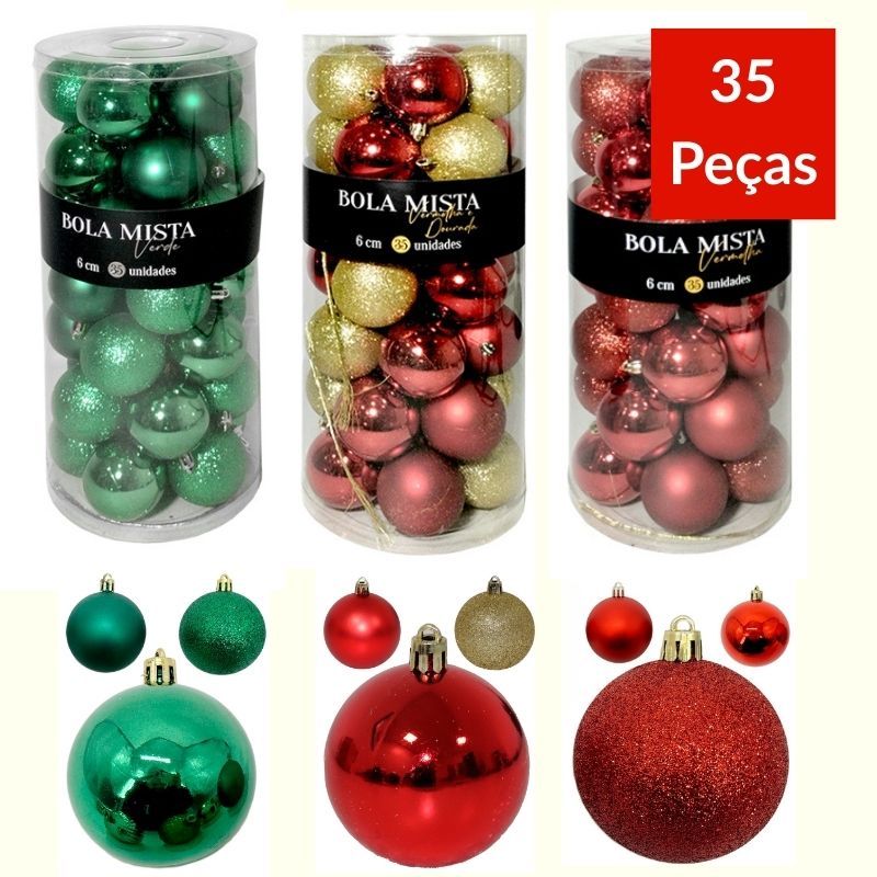 Bola de Natal 35 Unidades Mista Grande 6cm Glitter Luxo Bola Enfeite de Natal Verde Bolas para Enfeitar Árvore