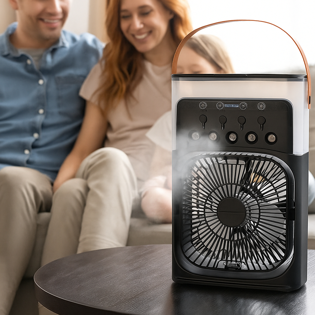 Mini Ar Climatizador e Ventilador Portátil LED Bivolt 10W - Preta Quarto Sala Escritório Mesa Clima