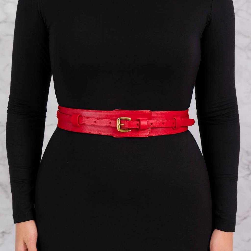 Cinto Feminino Couro Legítimo Vermelho Sofisticado Estiloso Fashion Para Vestido Saia Blazer