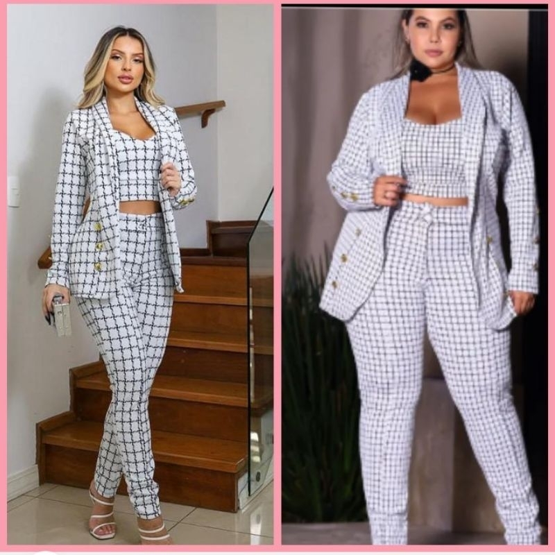 CONJUNTO 3 PEÇAS, QUADRICULADO MAX BLEIZER CALÇA E CROPPED.